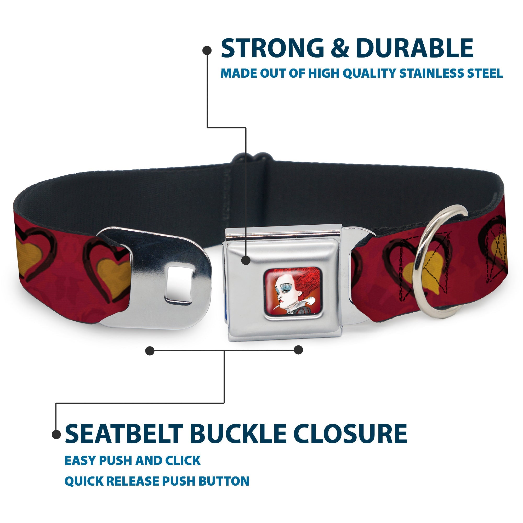 Alice in Wonderland Queen Face Full Color Red Seatbelt Buckle Collar - Alice in Wonderland Queen's Hearts Reds/Black/Gold