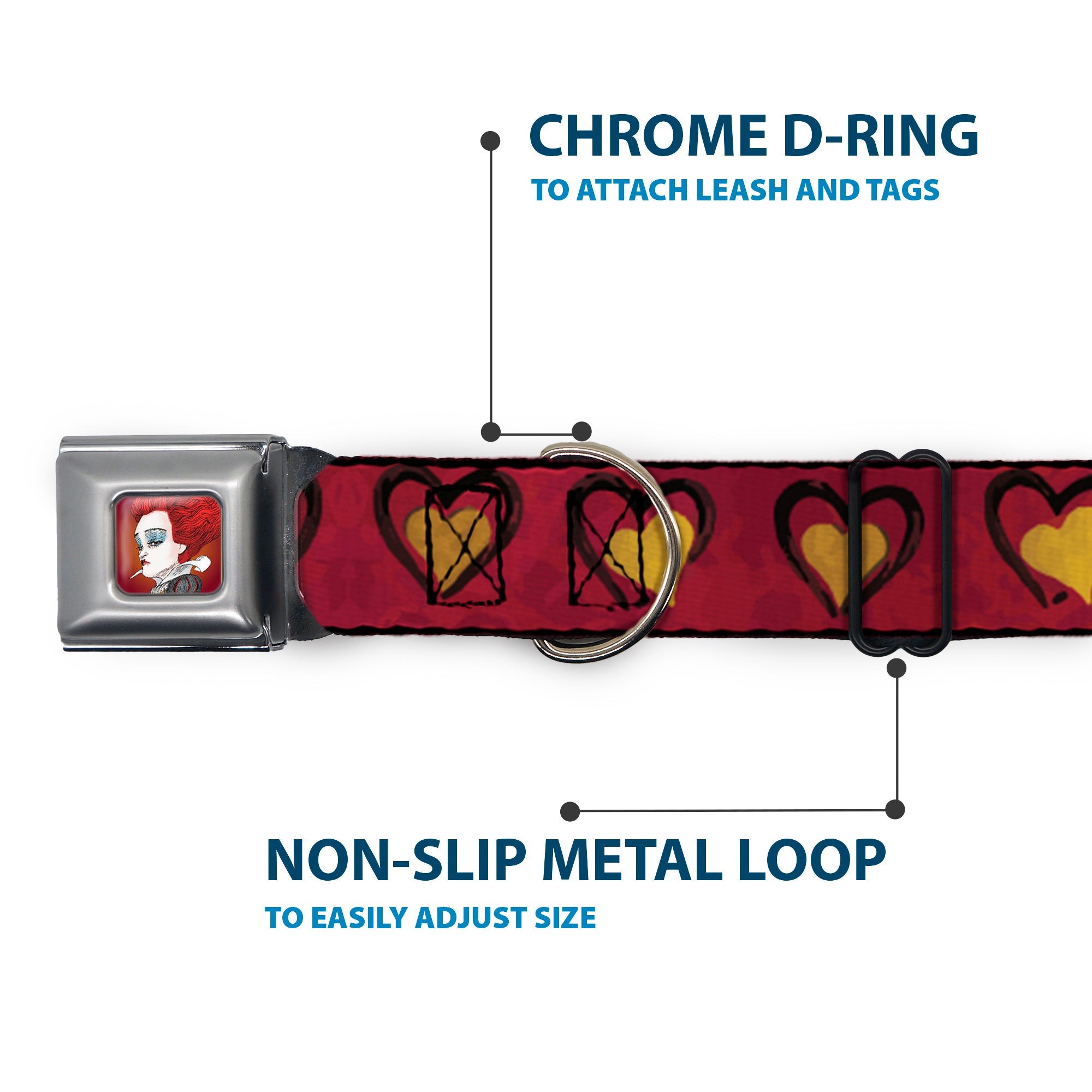 Alice in Wonderland Queen Face Full Color Red Seatbelt Buckle Collar - Alice in Wonderland Queen's Hearts Reds/Black/Gold