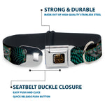 ALICE THROUGH THE LOOKING GLASS Logo Full Color Black/Gold Seatbelt Buckle Collar - Cheshire Cat 4-Poses Checkers Teal/Black