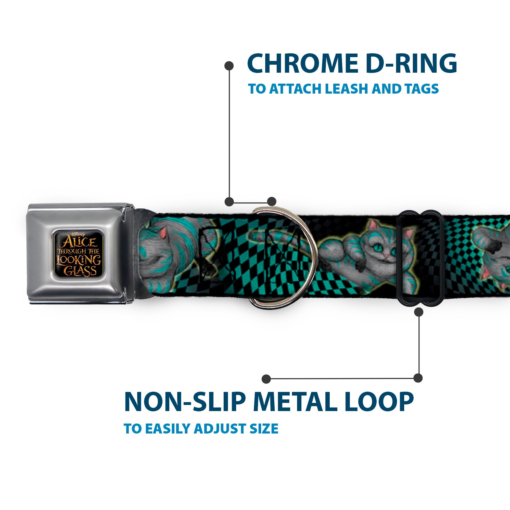 ALICE THROUGH THE LOOKING GLASS Logo Full Color Black/Gold Seatbelt Buckle Collar - Cheshire Cat 4-Poses Checkers Teal/Black