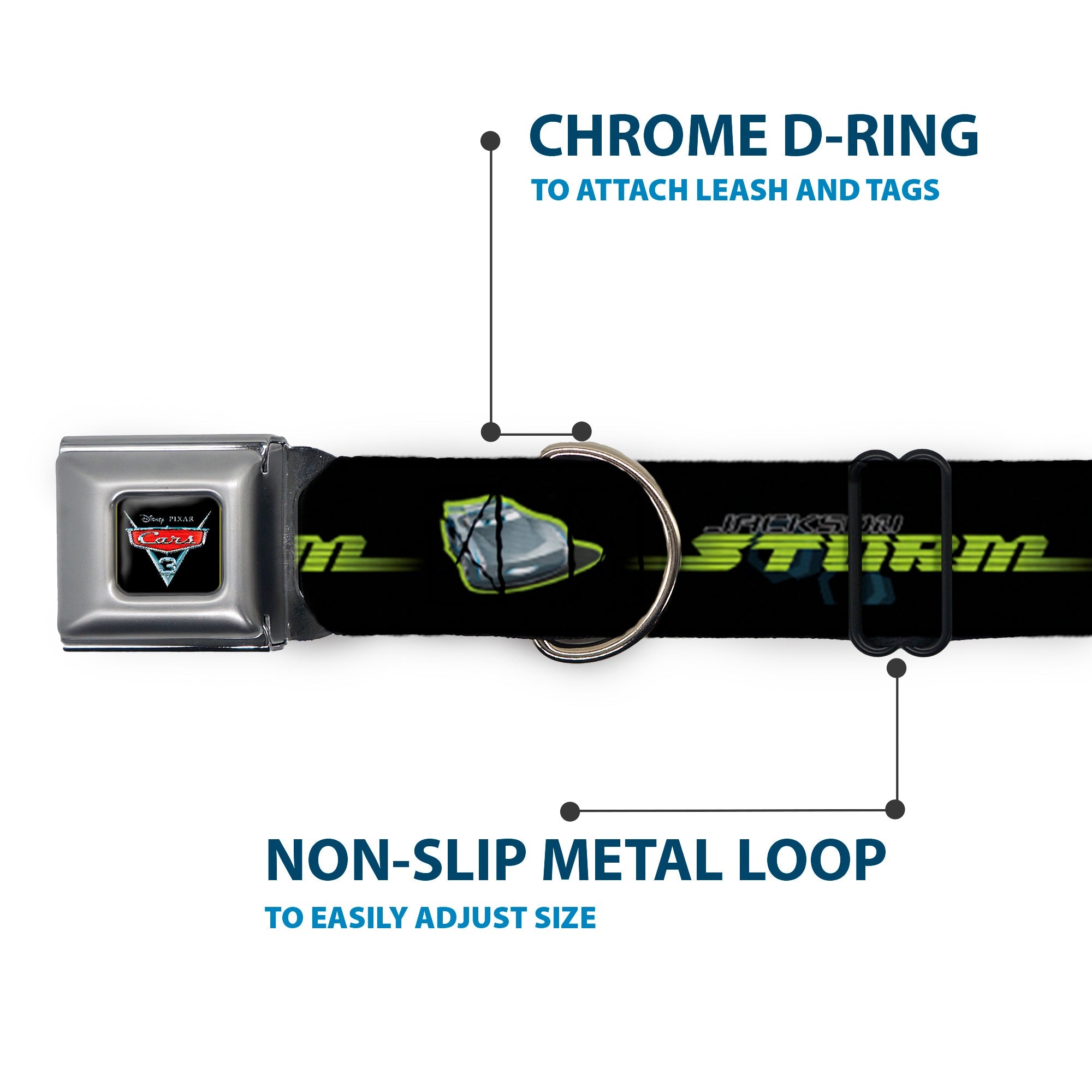 CARS 3 Emblem Full Color Black Silver Red Seatbelt Buckle Collar - Cars 3 JACKSON STORM Pose/STRIPE Black/Greens