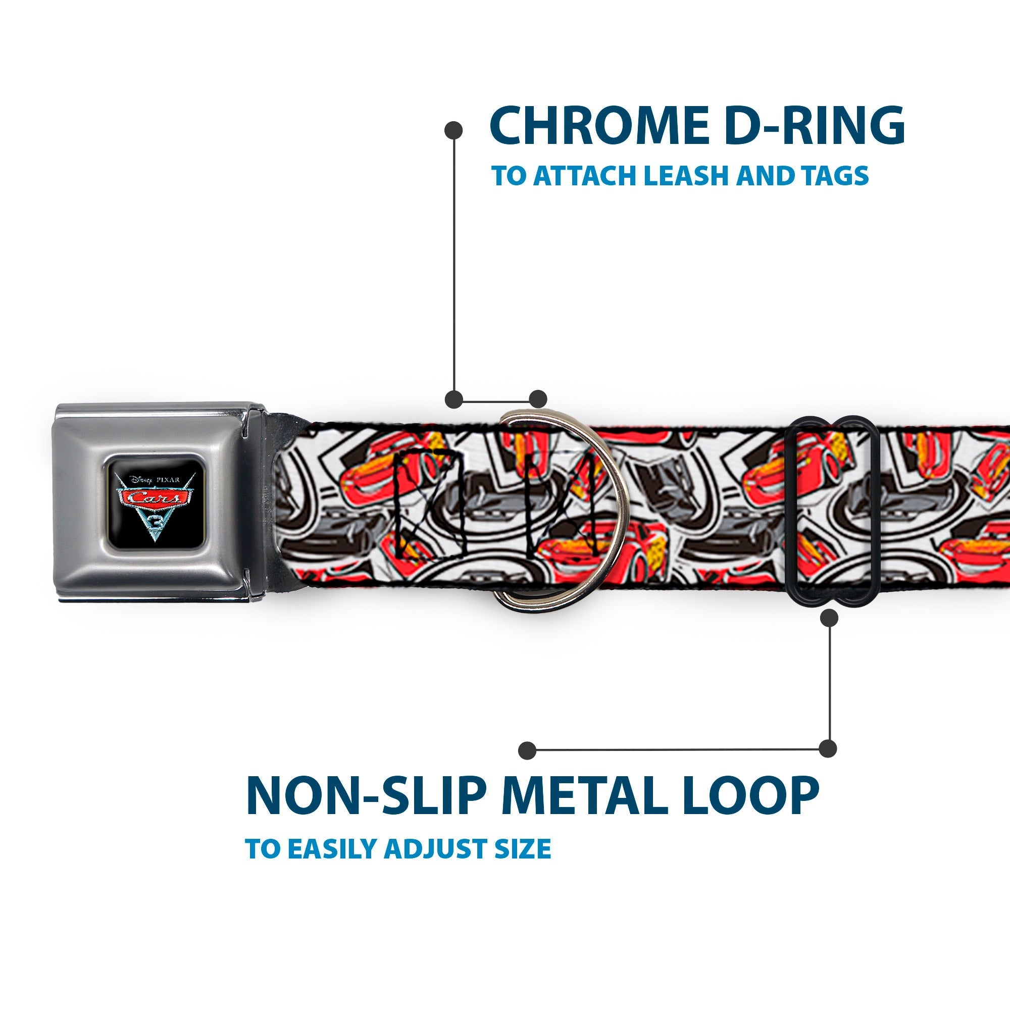 CARS 3 Emblem Full Color Black Silver Red Seatbelt Buckle Collar - Cars 3 Lightning McQueen/Storm Jackson Poses Scattered White