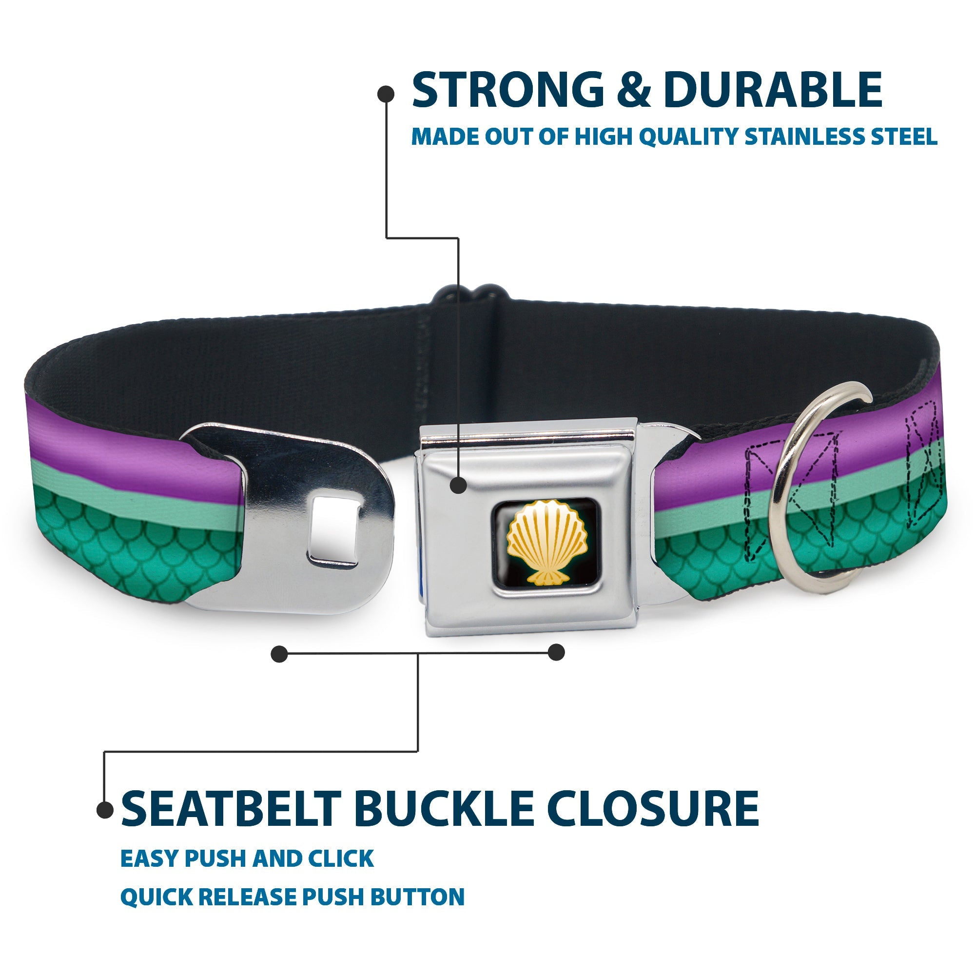 Little Mermaid Clam Shell Black Yellows Seatbelt Buckle Collar - Little Mermaid Stripe/Shell Purple/Green/Gold