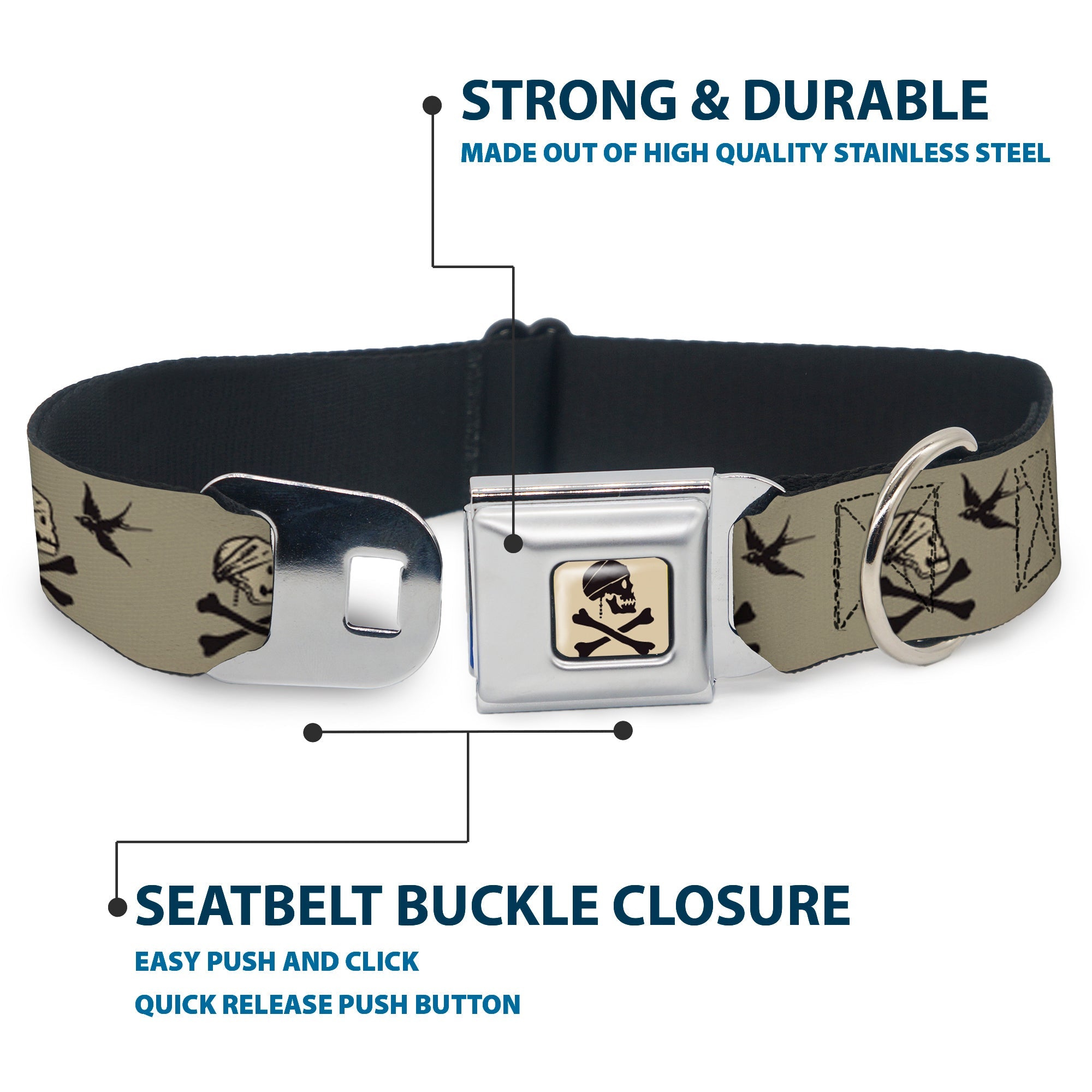 Jack Sparrow's Flag Skull Icon Gray Charcoal Seatbelt Buckle Collar - Jack Sparrow's Flag Icons Grays
