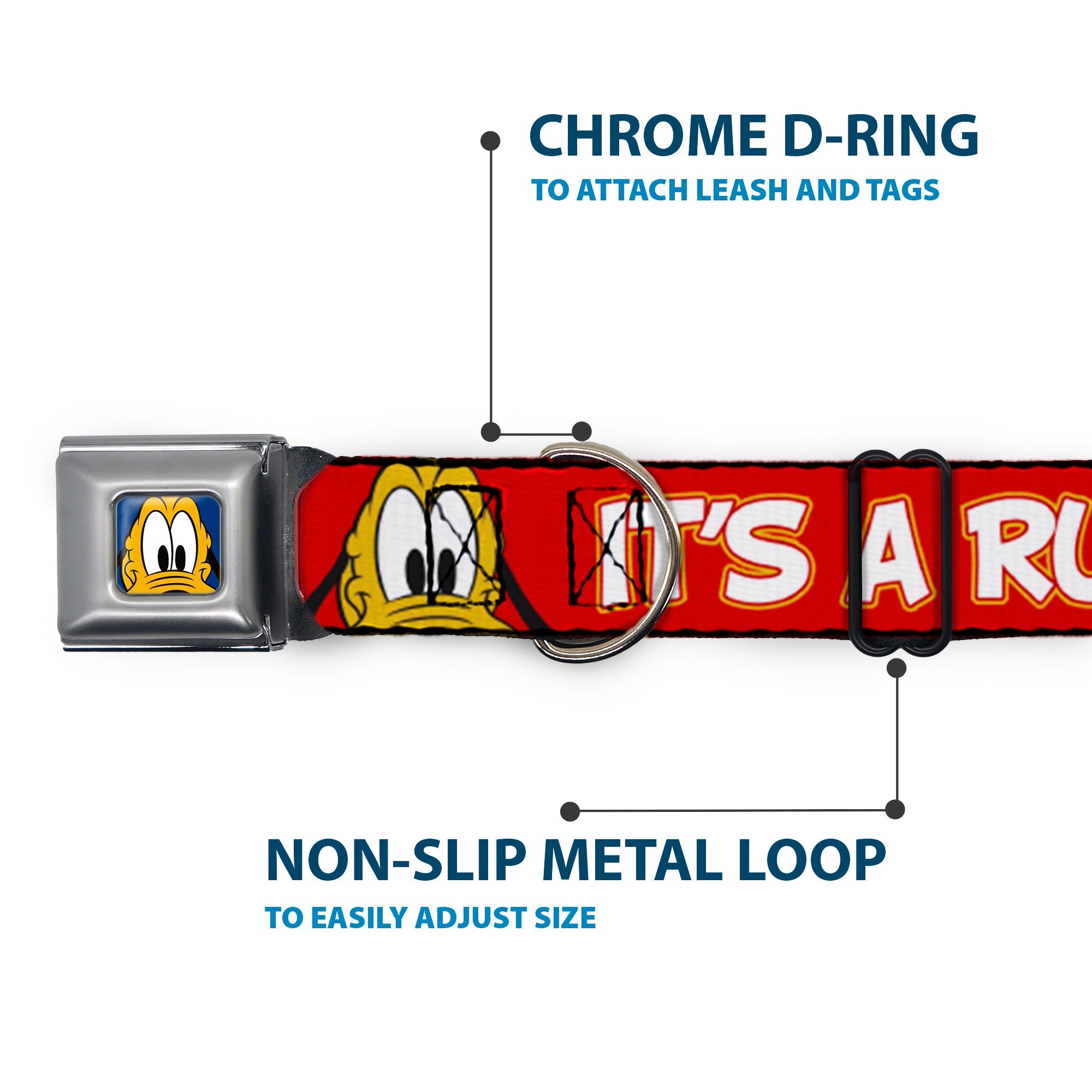 Pluto Face CLOSE-UP Full Color Blue Seatbelt Buckle Collar - Pluto 2-Pose IT'S A RUFF LIFE Red/Yellow/White