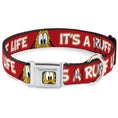 Load image into Gallery viewer, Pluto Face CLOSE-UP Full Color Blue Seatbelt Buckle Collar - Pluto 2-Pose IT'S A RUFF LIFE Red/Yellow/White
