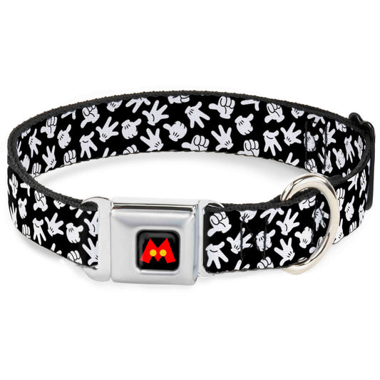 Mickey Mouse M Icon Full Color Black/Red/Yellow Seatbelt Buckle Collar - Mickey Mouse Hand Gestures2 Scattered Black/White