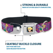 Tinker Bell CLOSE-UP Full Color Seatbelt Buckle Collar - Tinker Bell Poses/Flowers/Stars/Skull Purple