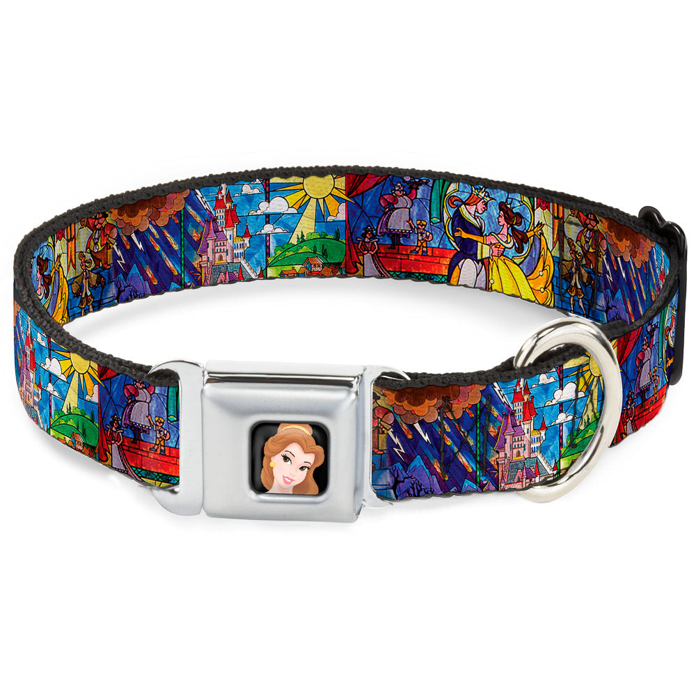 Southlake Paws Belle CLOSE-UP Full Color Seatbelt Buckle Collar featuring Beauty & the Beast stained glass scenes and a Belle