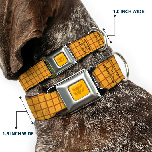 Toy Story Woody Cowboy Buckle Logo Full Color Golds Seatbelt Buckle Collar - Toy Story Woody Bounding Plaid Shirt Gold/Red