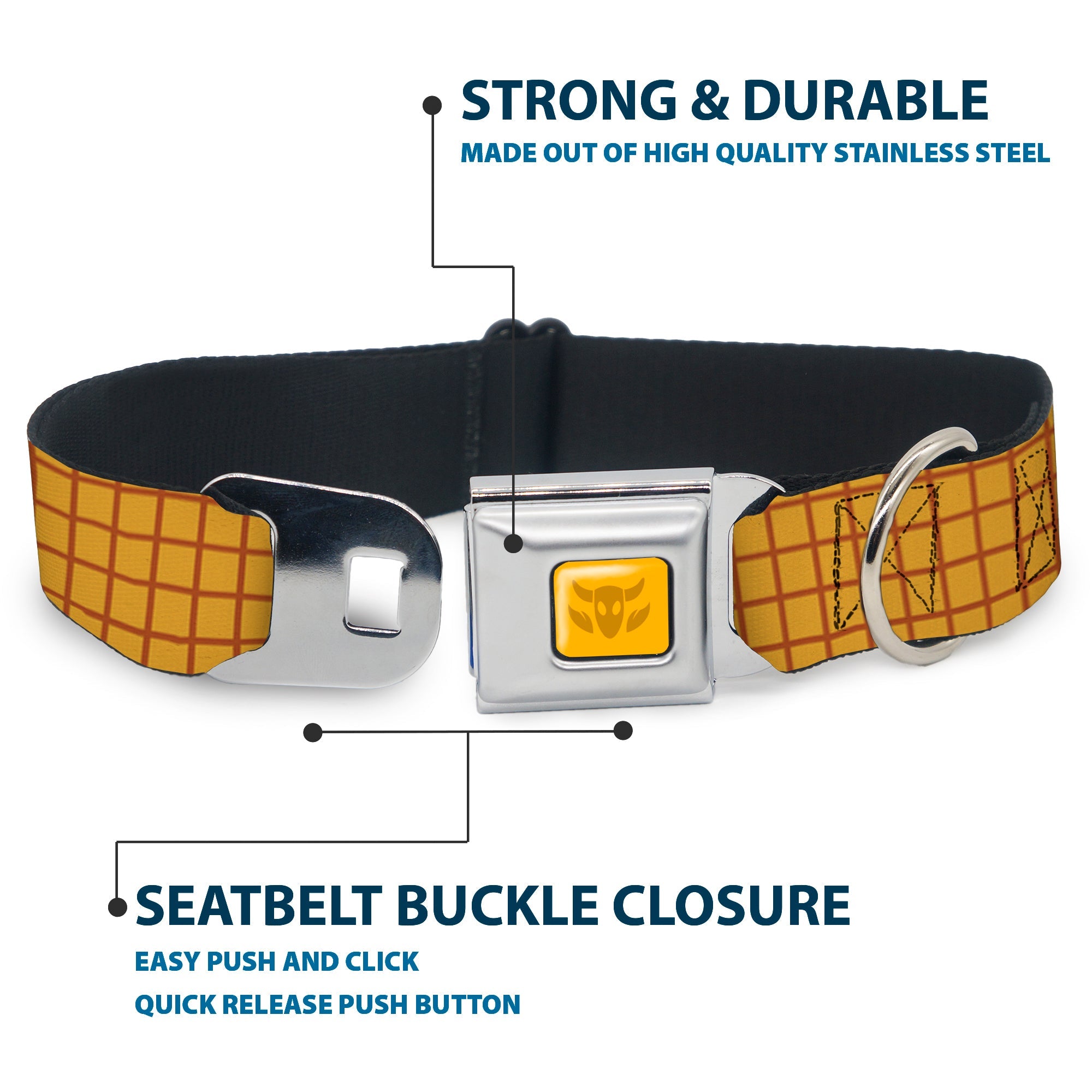 Toy Story Woody Cowboy Buckle Logo Full Color Golds Seatbelt Buckle Collar - Toy Story Woody Bounding Plaid Shirt Gold/Red