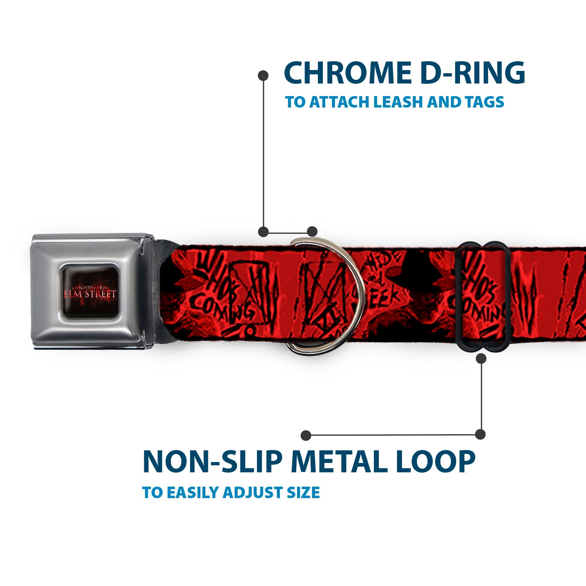A NIGHTMARE ON ELM STREET Logo Full Color Black/Reds Seatbelt Buckle Collar - Freddy Poses/Quote Scrawls/Hand Scratching2 Reds/Black