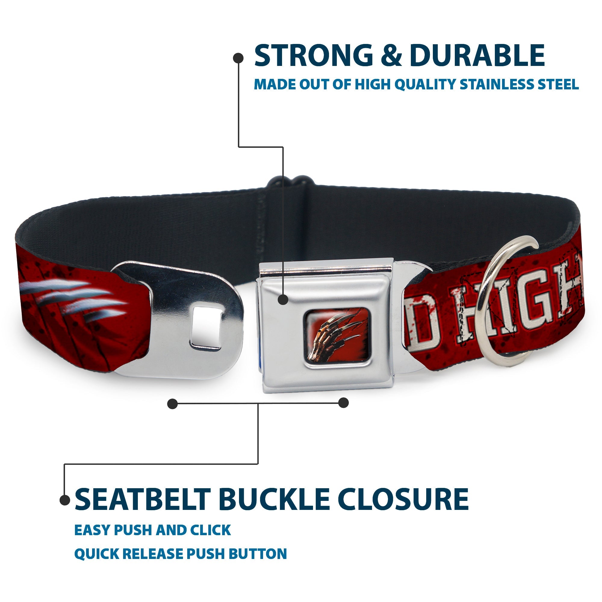 Freddy's Blade Hand Full Color Black/Blood Splatter Seatbelt Buckle Collar - A NIGHTMARE ON ELM STREET/SPRINGWOOD Freddy Pose Black/Red/White