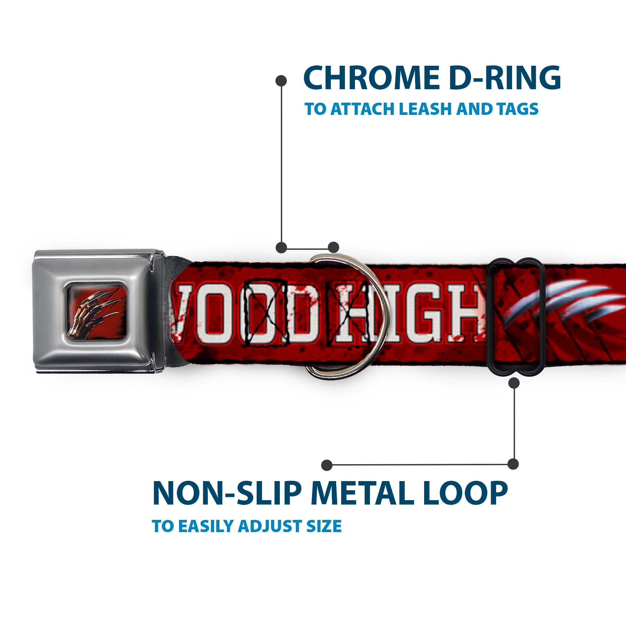 Freddy's Blade Hand Full Color Black/Blood Splatter Seatbelt Buckle Collar - A NIGHTMARE ON ELM STREET/SPRINGWOOD Freddy Pose Black/Red/White