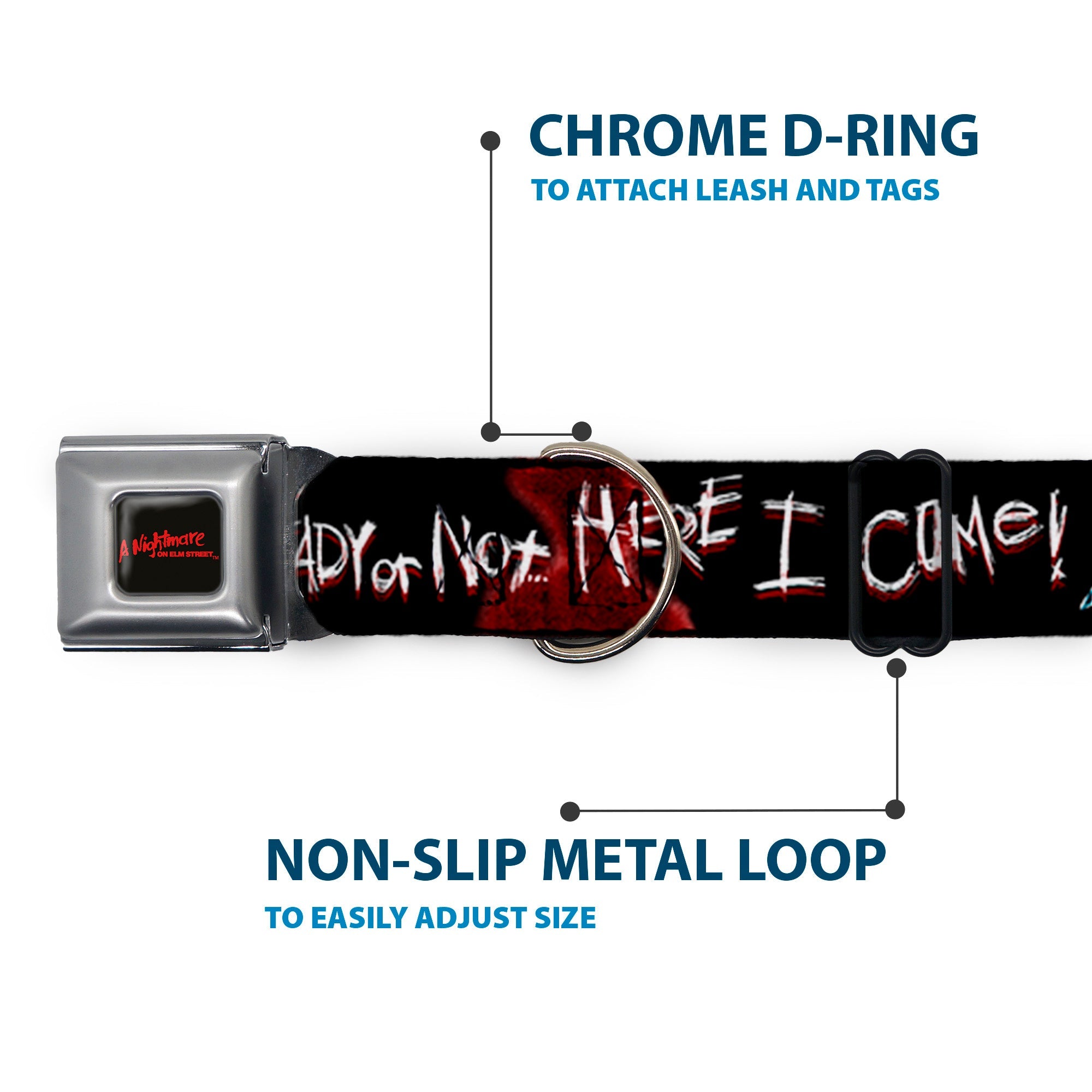 A NIGHTMARE ON ELM STREET Full Color Black/Blood Splatter Reds Seatbelt Buckle Collar - A Nightmare on Elm Street READY OR NOT HERE I COME/Freddy Silhouette Black/Reds/White