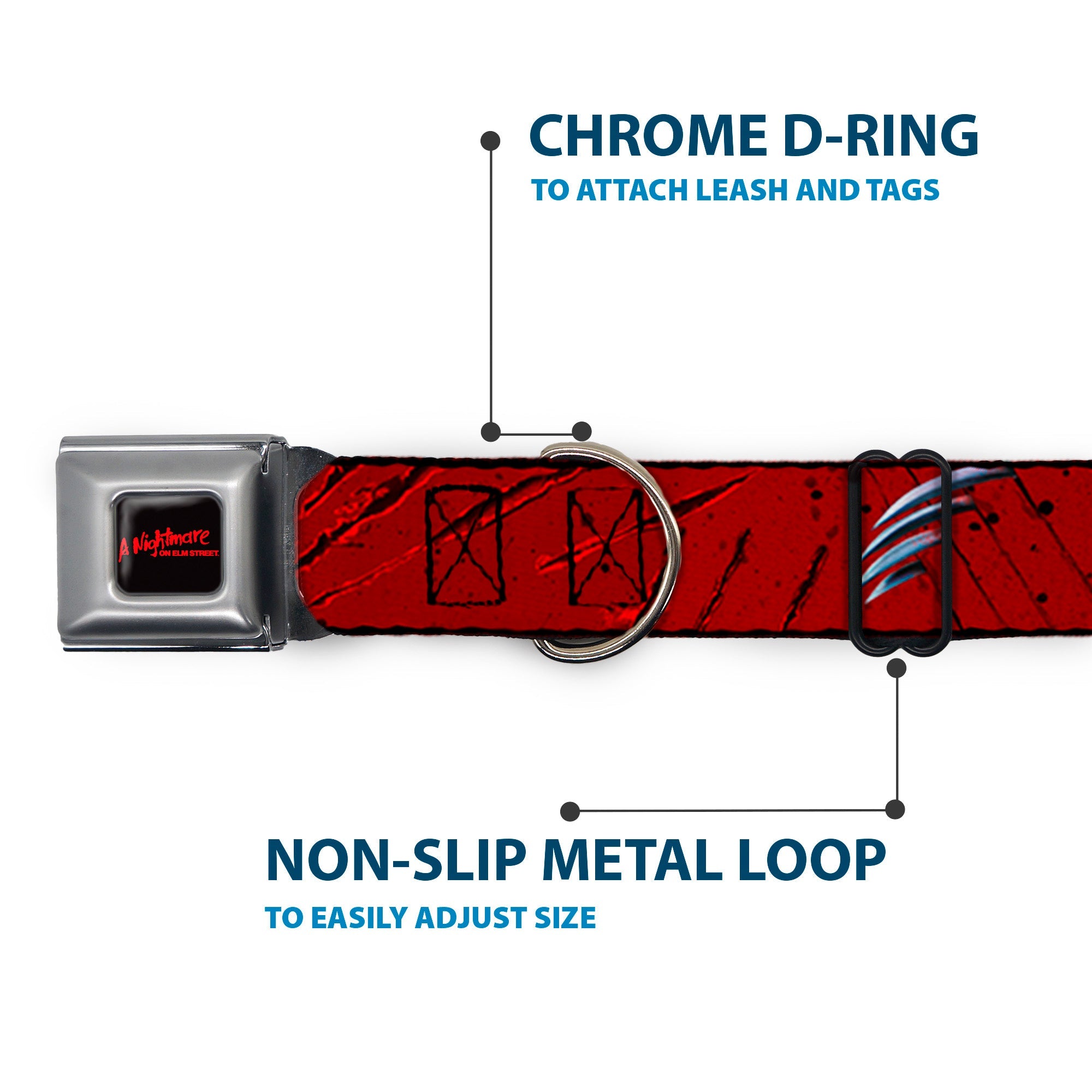 A NIGHTMARE ON ELM STREET Full Color Black/Blood Splatter Reds Seatbelt Buckle Collar - A NIGHTMARE ON ELM STREET/Freddy's Hand Scratching Reds/Black/Gray