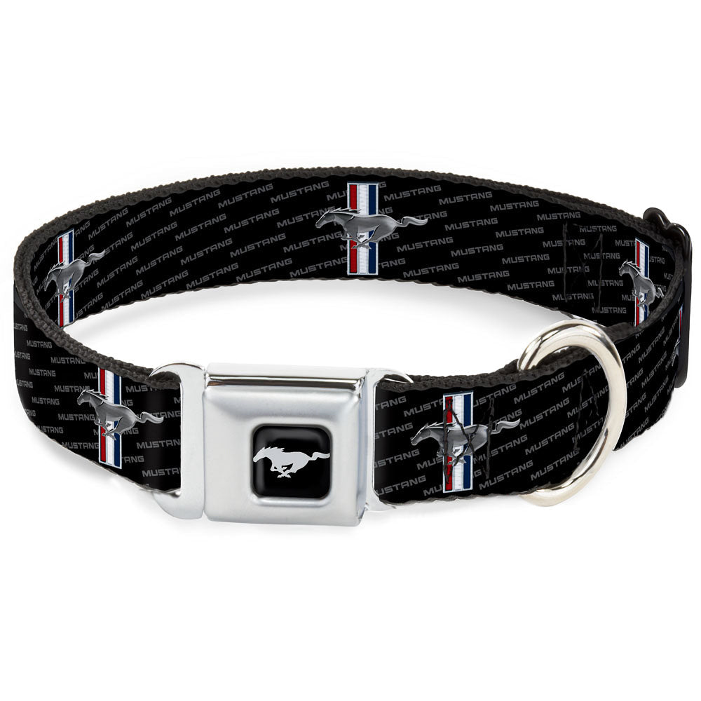 Southlake Paws Ford Mustang Emblem Seatbelt Buckle Collar featuring a black design with repeating Mustang logos and text.
