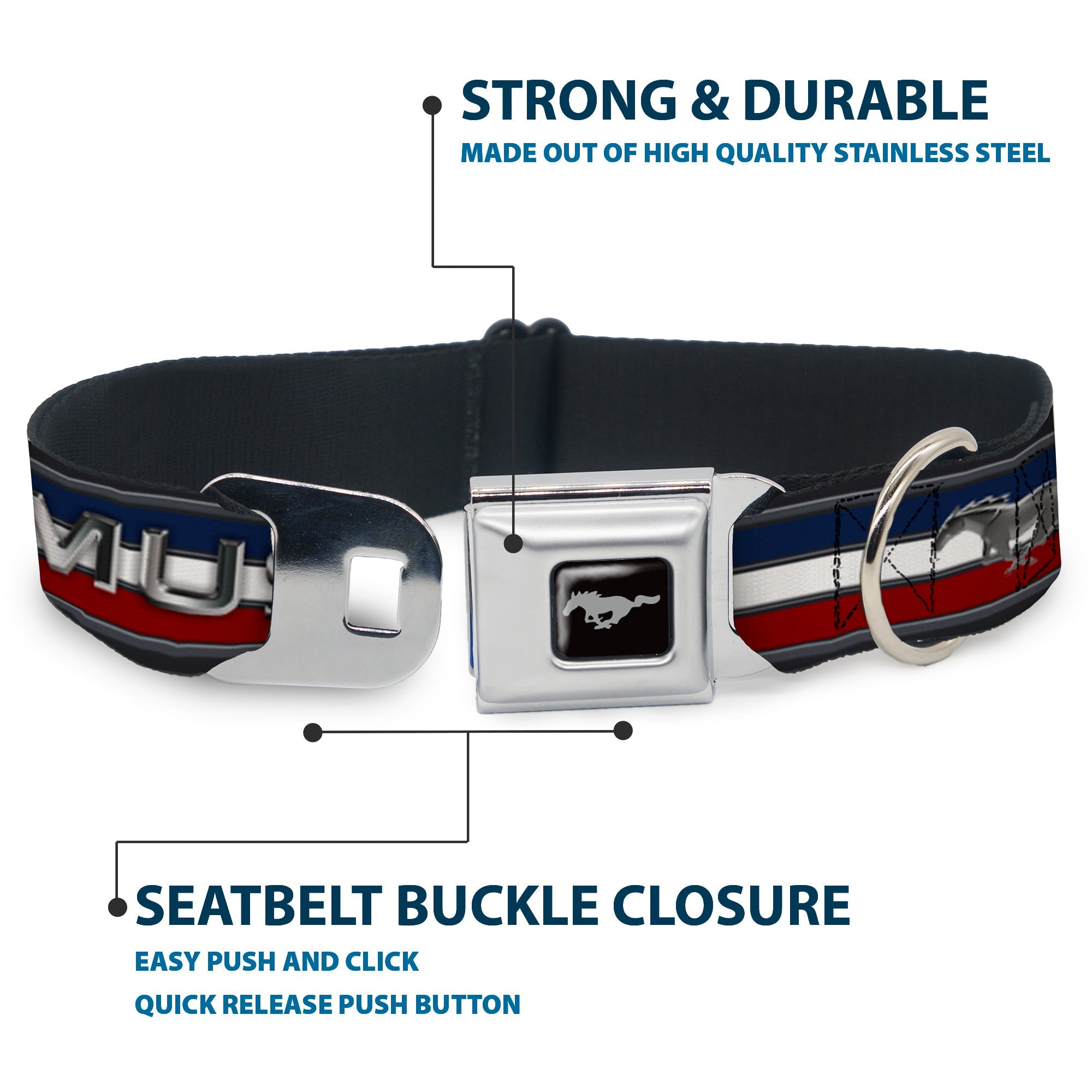 Ford Mustang Emblem Seatbelt Buckle Collar - Mustang/Text w/Tri-Bar Stripe
