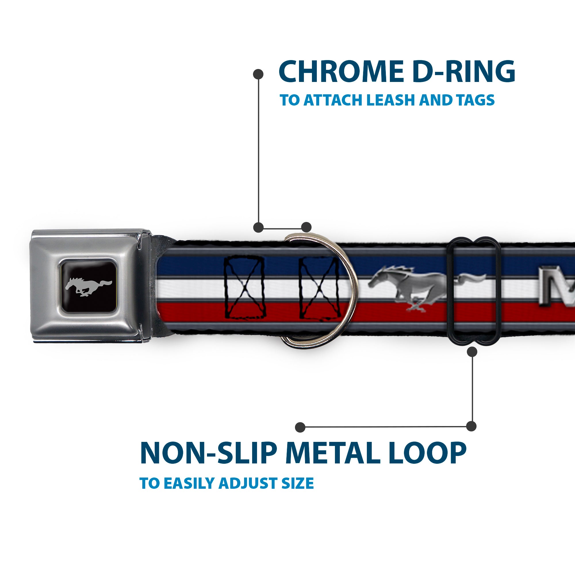 Ford Mustang Emblem Seatbelt Buckle Collar - Mustang/Text w/Tri-Bar Stripe