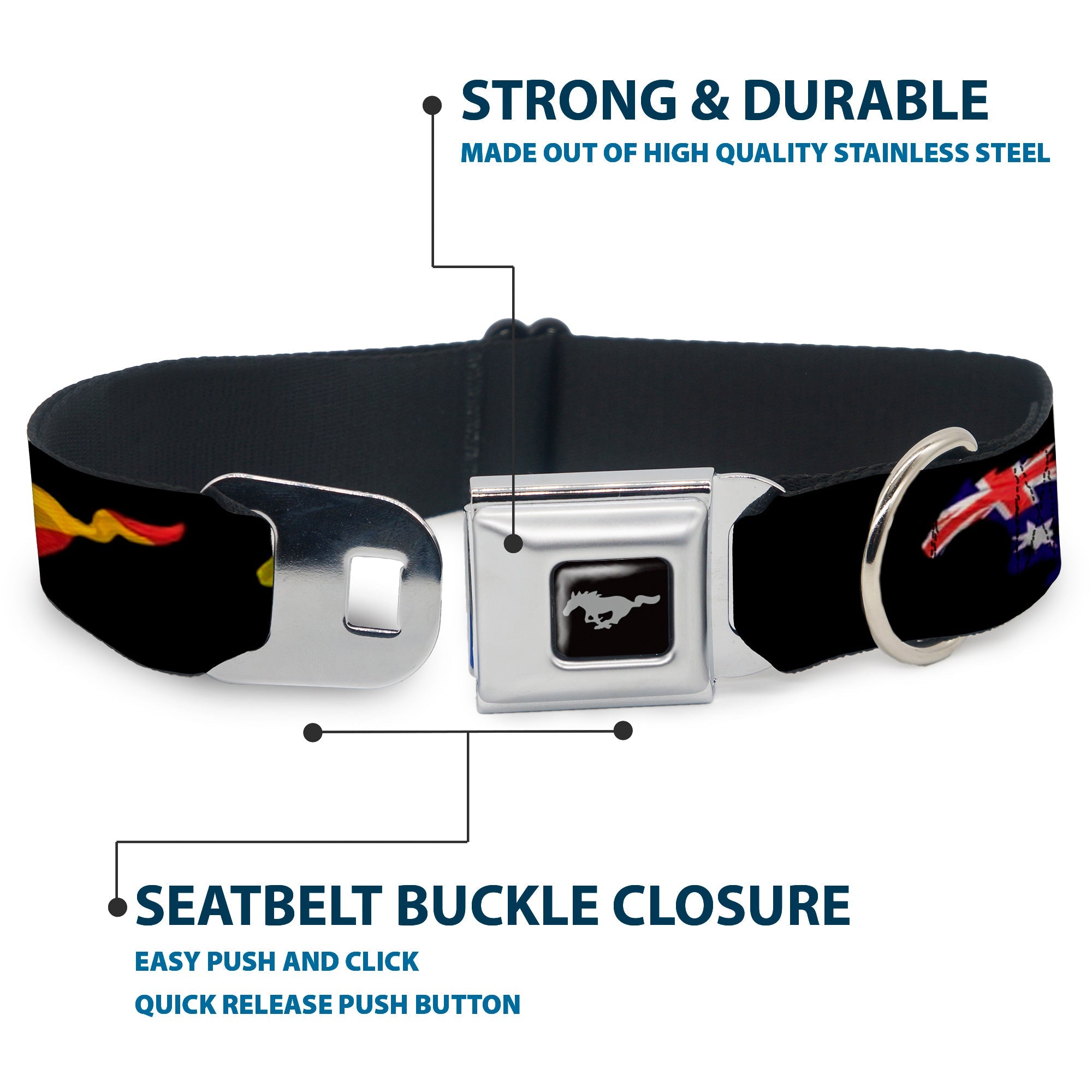 Ford Mustang Emblem Seatbelt Buckle Collar - Mustang Silhouette Black/International Flags