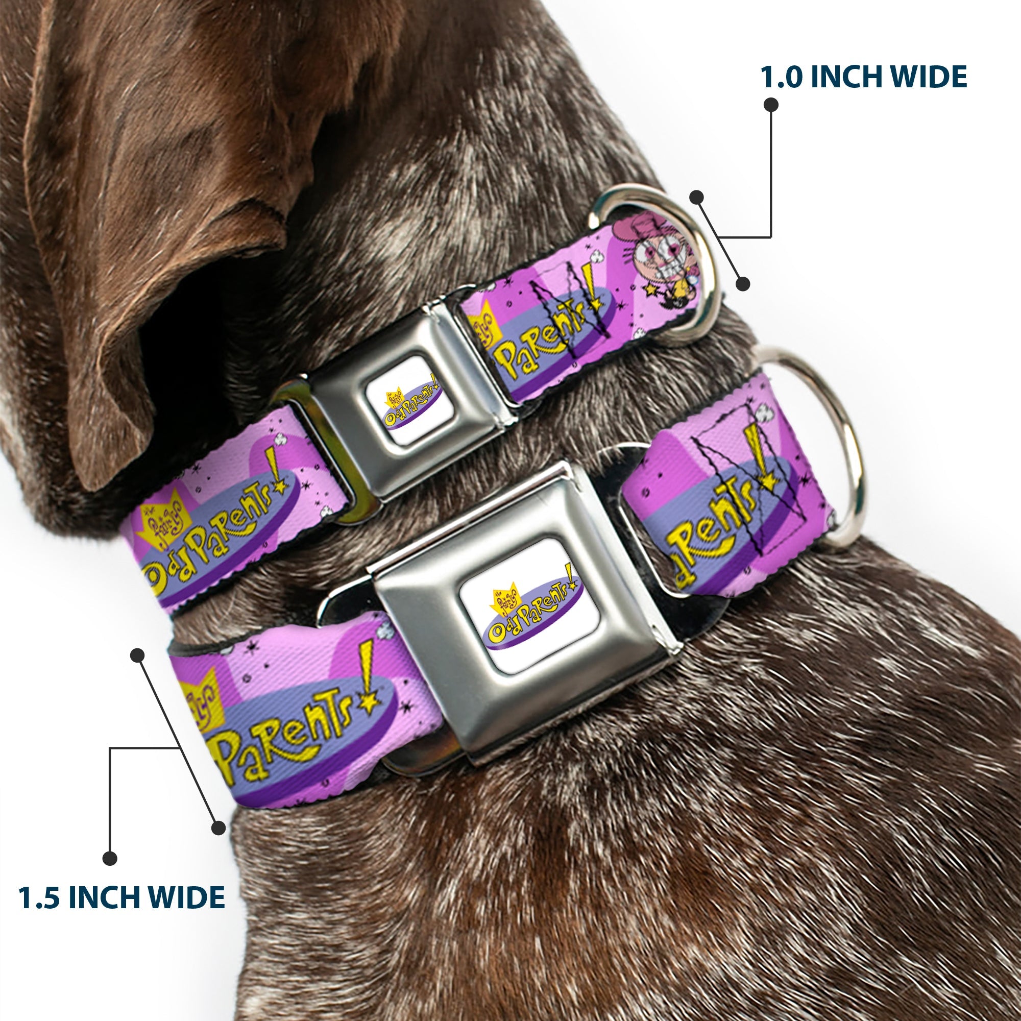 THE FAIRLY ODDPARENTS Logo Full Color White Seatbelt Buckle Collar - THE FAIRLY ODDPARENTS Timmy with Cosmo and Wanda Group Pose Pinks