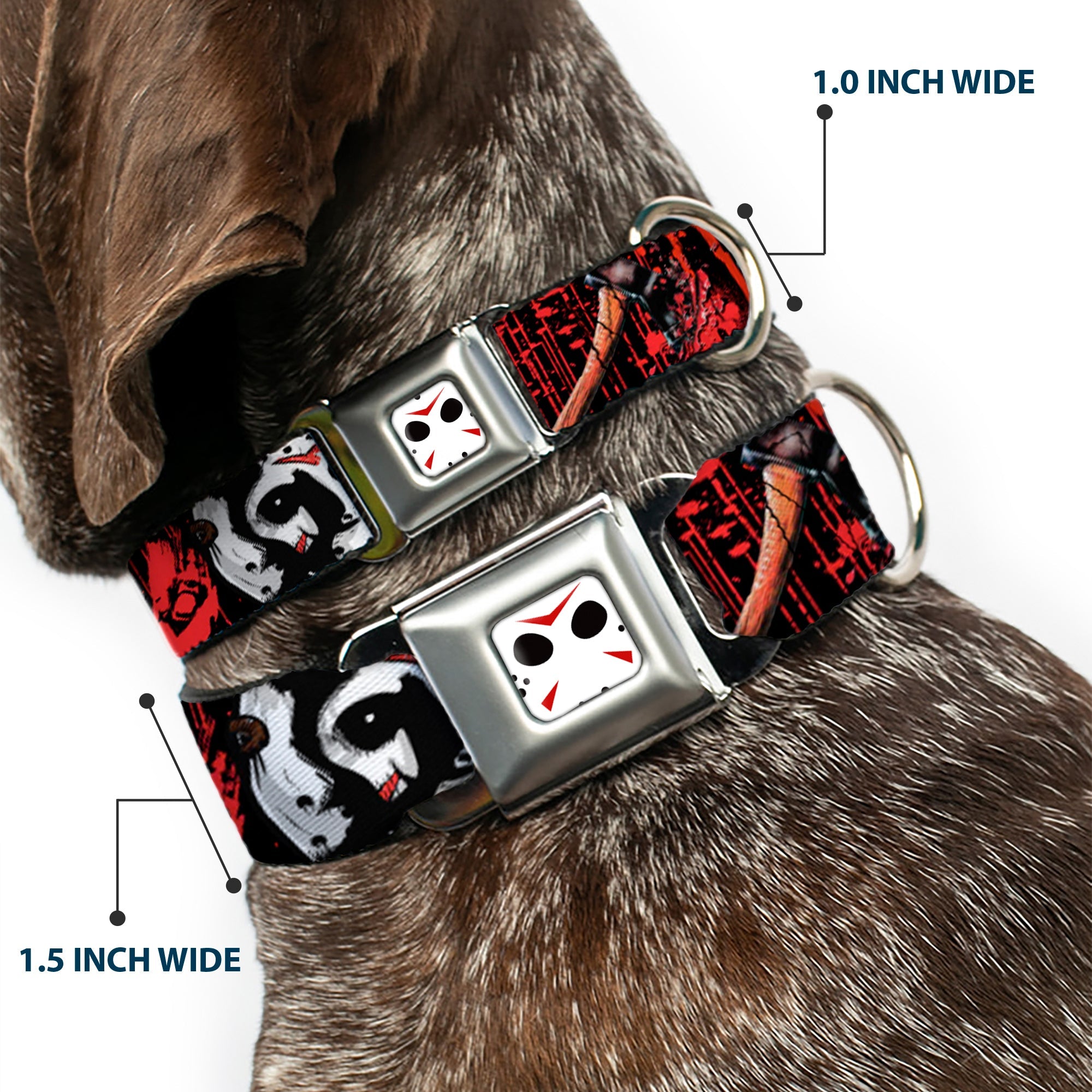 Jason Mask CLOSE-UP Full Color Black/White/Red Seatbelt Buckle Collar - FRIDAY THE 13th/Jason Mask4/Axe Blood Splatter Black/Red/White