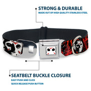 Jason Mask CLOSE-UP Full Color Black/White/Red Seatbelt Buckle Collar - FRIDAY THE 13th/Jason Mask4/Axe Blood Splatter Black/Red/White