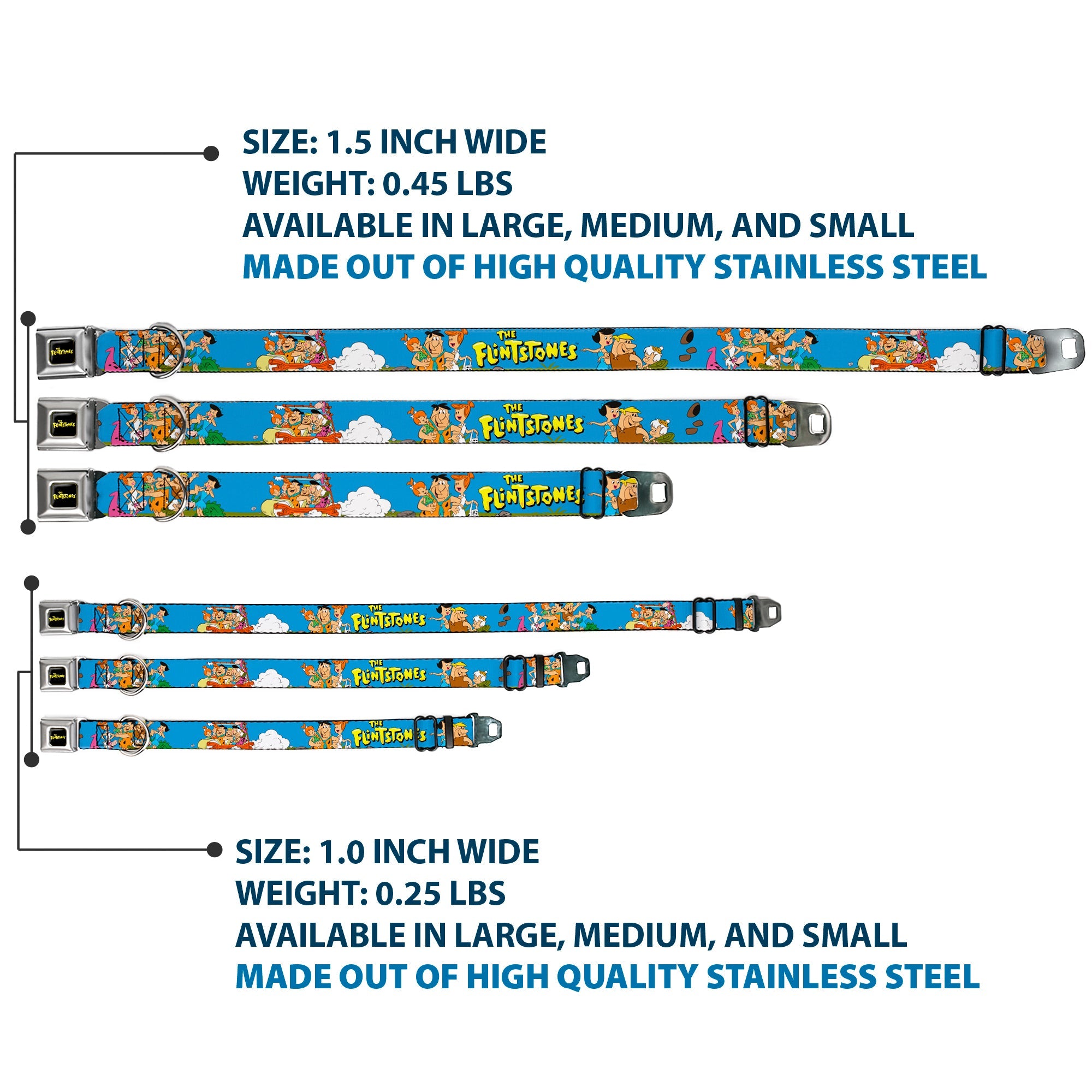 THE FLINTSTONES Logo Full Color Black Yellow Seatbelt Buckle Collar - The Flintstones and Rubbles Group Pose/Logo Blue