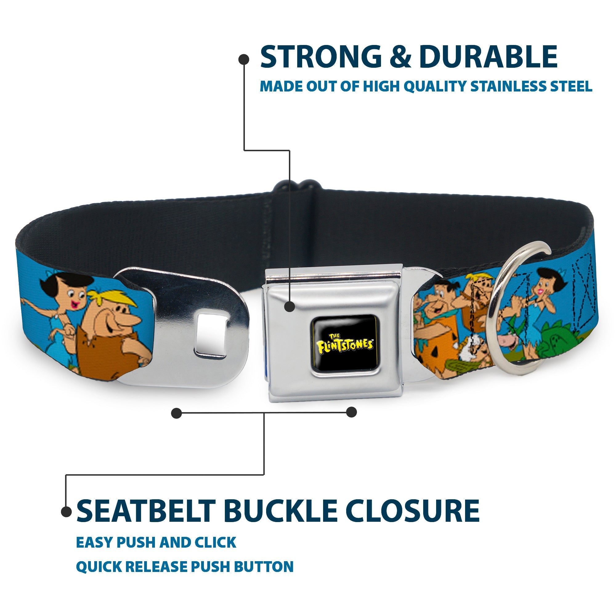 THE FLINTSTONES Logo Full Color Black Yellow Seatbelt Buckle Collar - The Flintstones and Rubbles Group Pose/Logo Blue