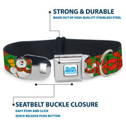 FROSTY THE SNOWMAN Logo Full Color White/Blues Seatbelt Buckle Collar - Frosty the Snowman Pose Poinsetta Plaid Collage Greens/Reds