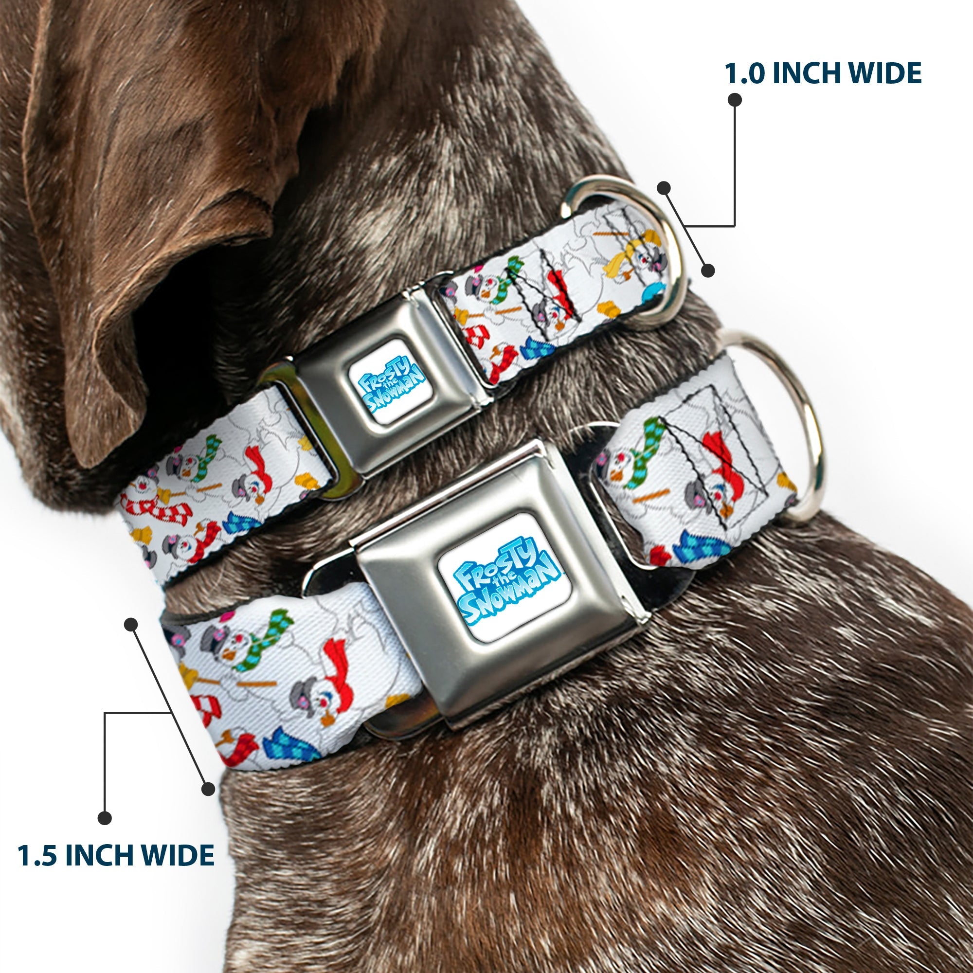 FROSTY THE SNOWMAN Logo Full Color White/Blues Seatbelt Buckle Collar - Frosty the Snowman Pose Scattered White