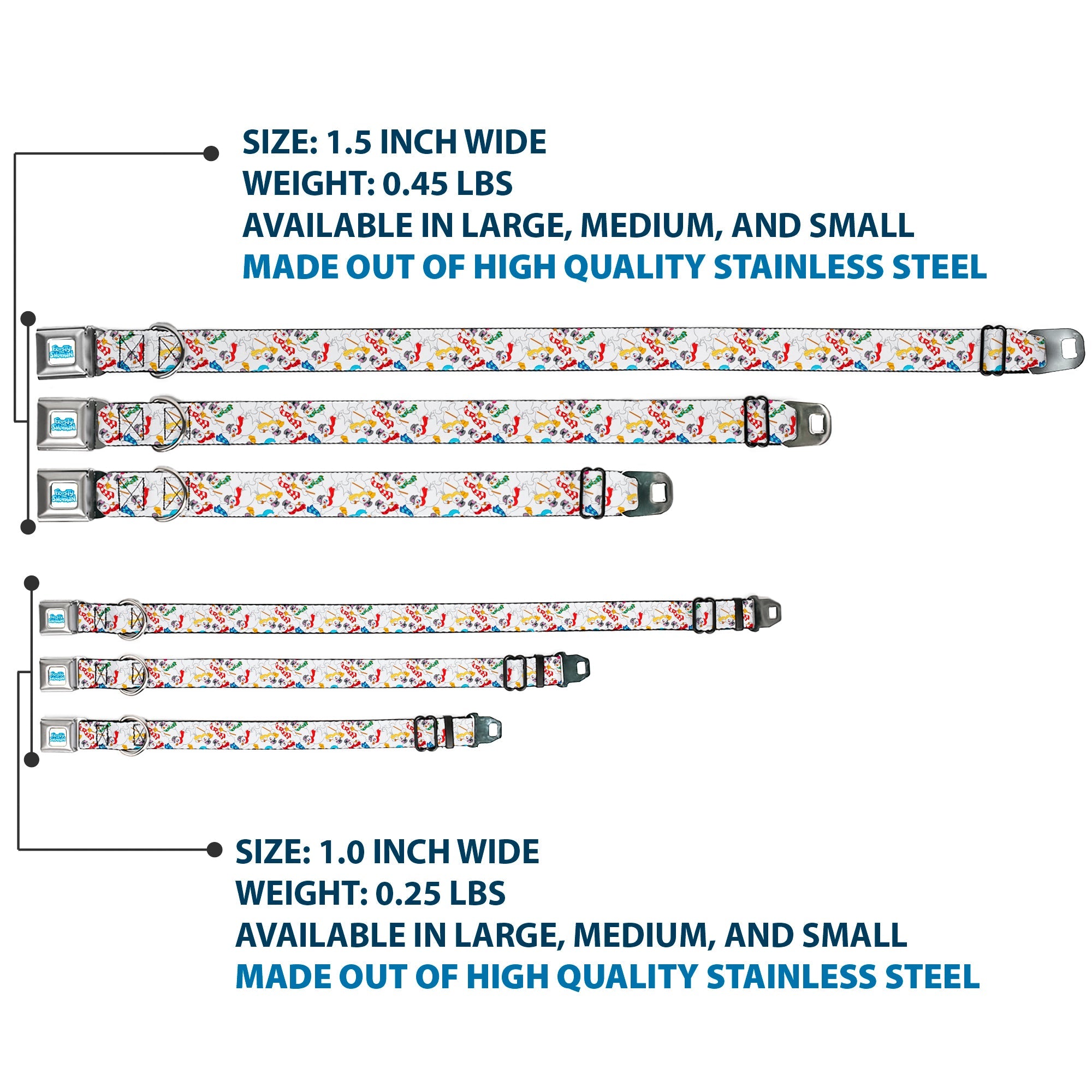 FROSTY THE SNOWMAN Logo Full Color White/Blues Seatbelt Buckle Collar - Frosty the Snowman Pose Scattered White