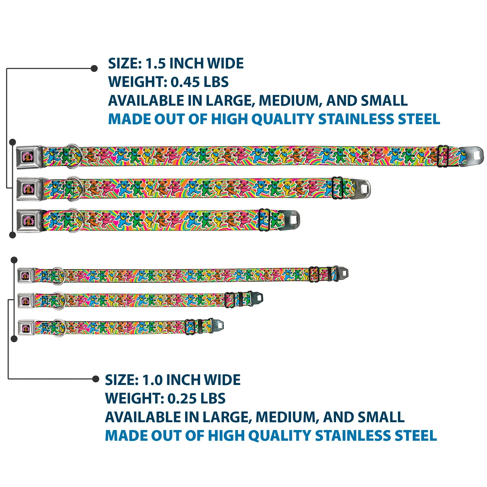 GRATEFUL DEAD Dancing Bear Icon Full Color Black/Orange Seatbelt Buckle Collar - Grateful Dead Dancing Bears Swirl Multi Color