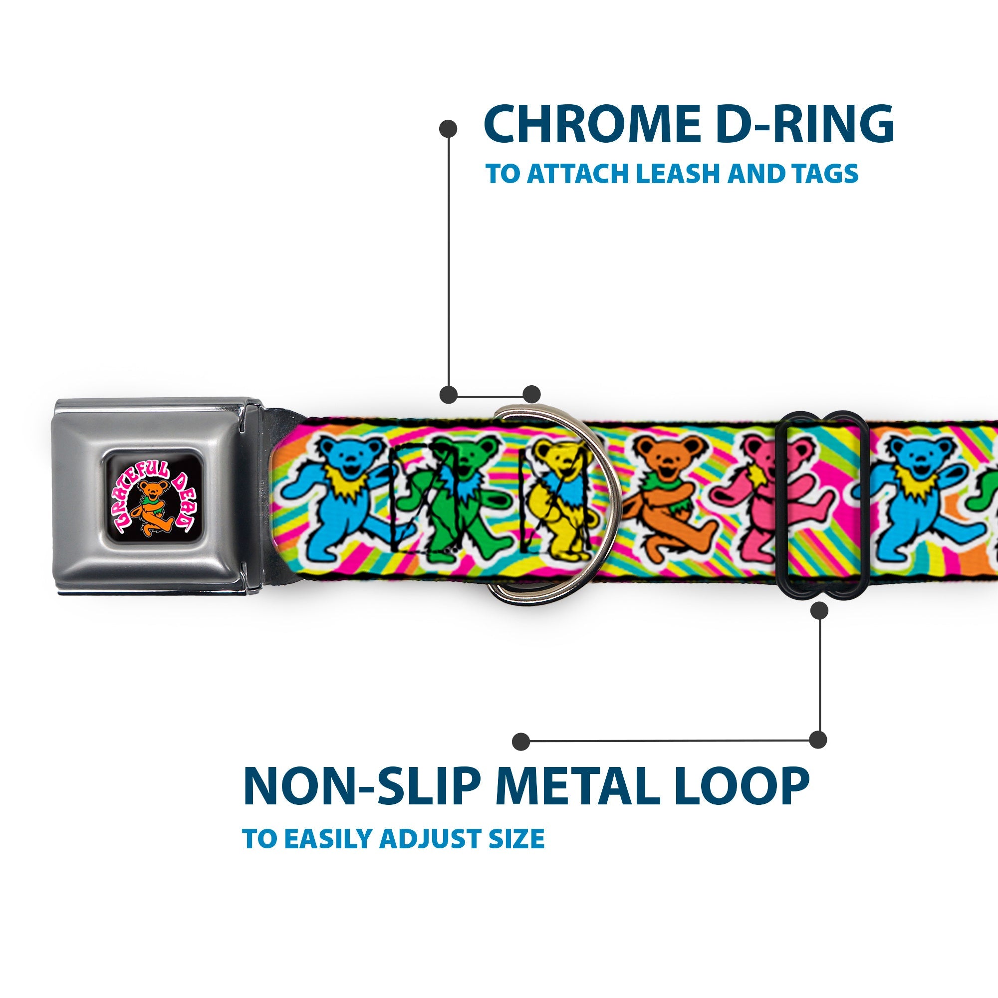 GRATEFUL DEAD Dancing Bear Icon Full Color Black/Orange Seatbelt Buckle Collar - Grateful Dead Dancing Bears Swirl Multi Color