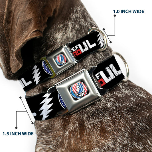 Grateful Dead Steal Your Face Stars and Stripes Logo Full Color Black/White/Red/Blue Seatbelt Buckle Collar - GRATEFUL DEAD Text with Steal Your Face Stars and Stripes Logo Black/White/Red/Blue