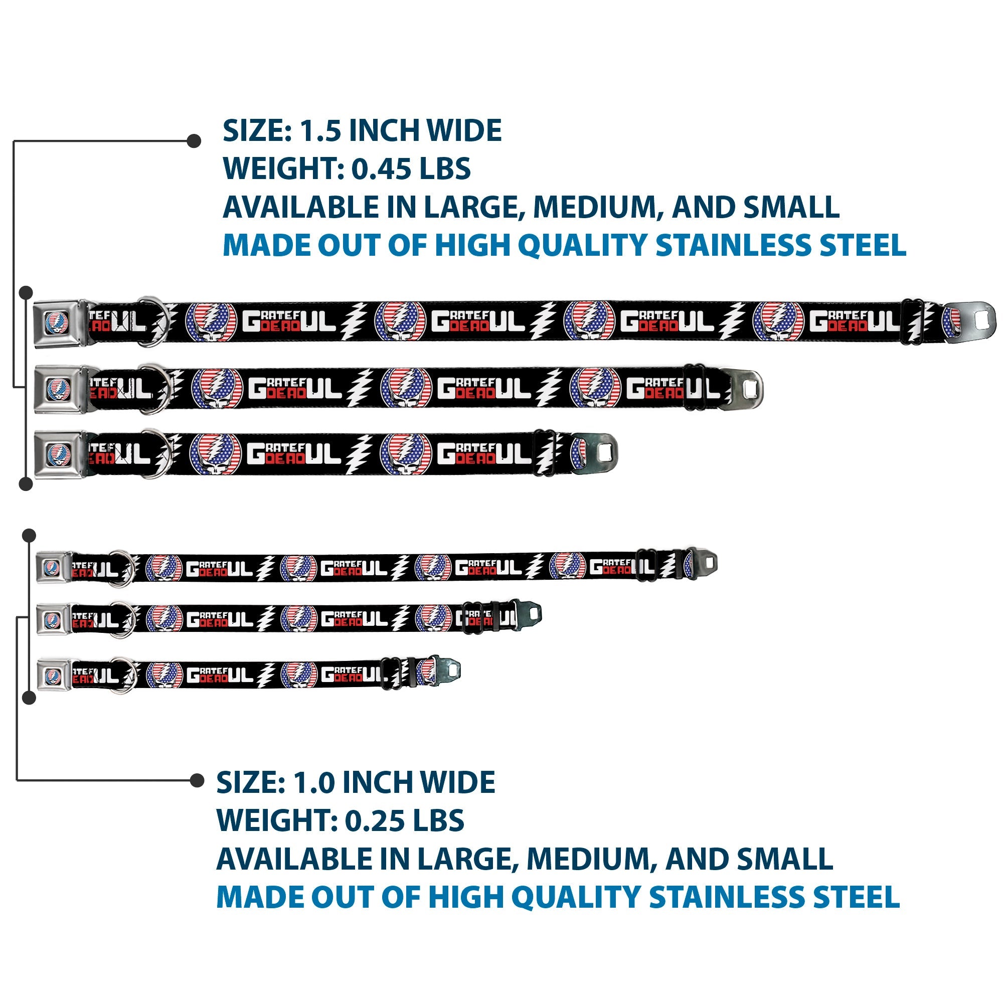 Grateful Dead Steal Your Face Stars and Stripes Logo Full Color Black/White/Red/Blue Seatbelt Buckle Collar - GRATEFUL DEAD Text with Steal Your Face Stars and Stripes Logo Black/White/Red/Blue