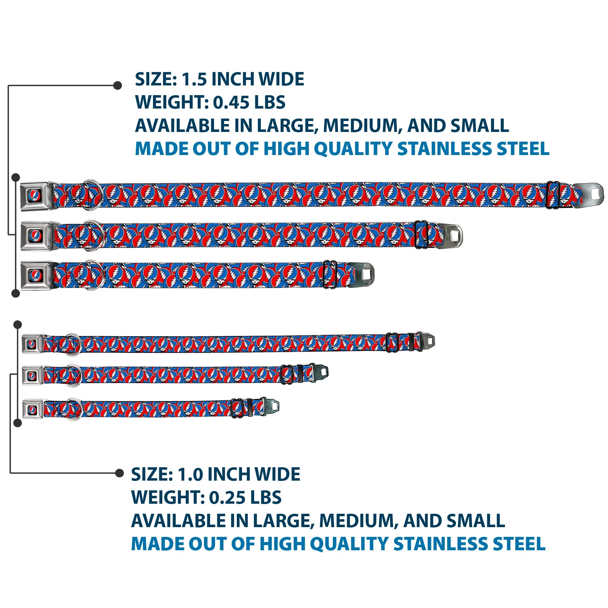 Grateful Dead Steal Your Face Logo Full Color Black/Red/White/Blue Seatbelt Buckle Collar - Grateful Dead Steal Your Face Logo Stacked Red/White/Blue
