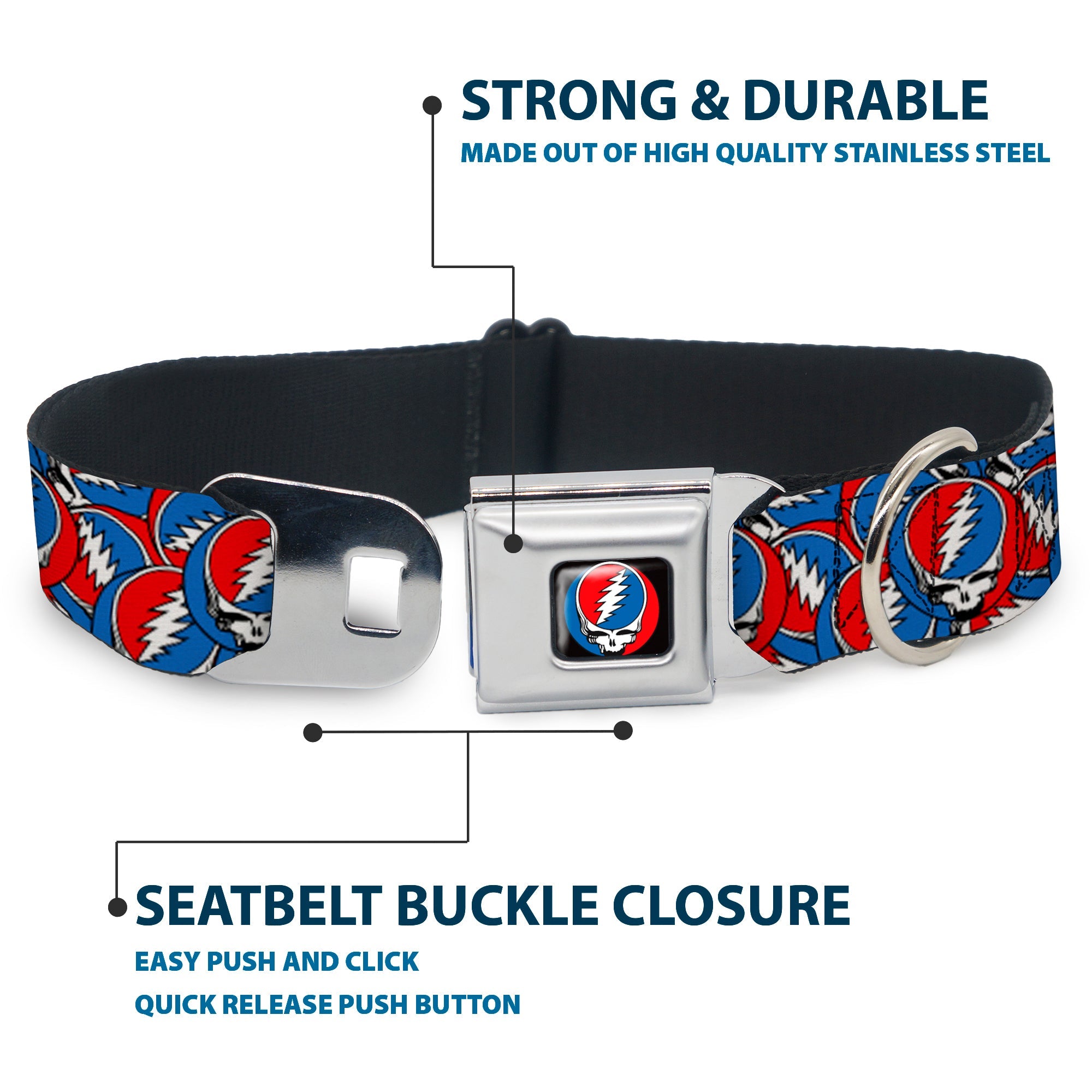 Grateful Dead Steal Your Face Logo Full Color Black/Red/White/Blue Seatbelt Buckle Collar - Grateful Dead Steal Your Face Logo Stacked Red/White/Blue