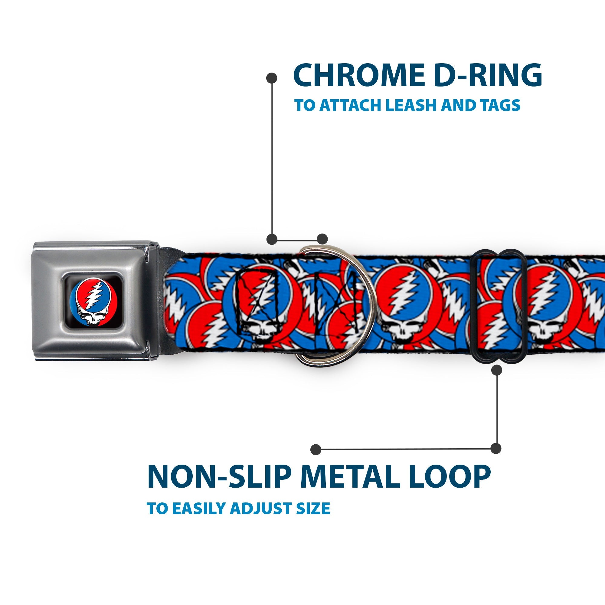 Grateful Dead Steal Your Face Logo Full Color Black/Red/White/Blue Seatbelt Buckle Collar - Grateful Dead Steal Your Face Logo Stacked Red/White/Blue