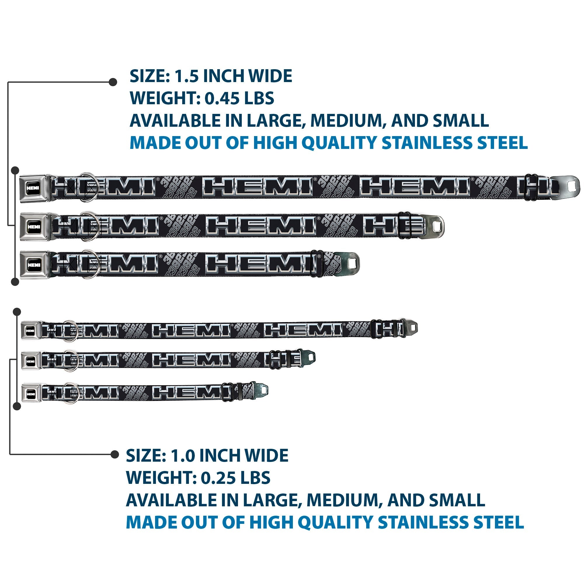 HEMI Bold Full Color Black/White Seatbelt Buckle Collar - HEMI Bold Outline 392/426 Black/Silver-Fade