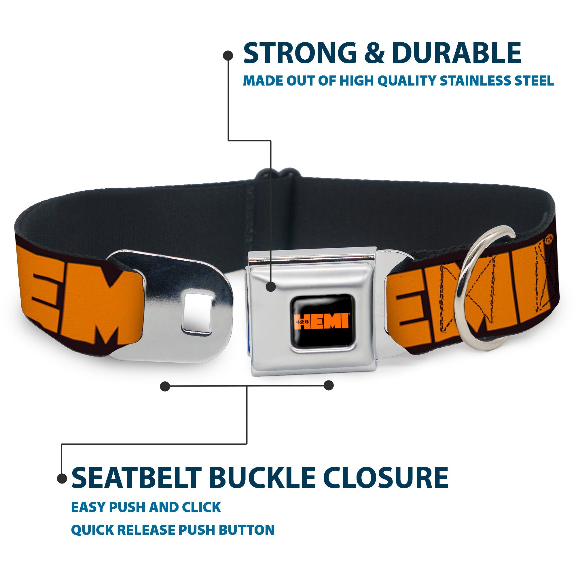 HEMI 426 Logo Full Color Black Orange Seatbelt Buckle Collar - HEMI 426 Logo 392/426 Black/Orange/Silver-Fade