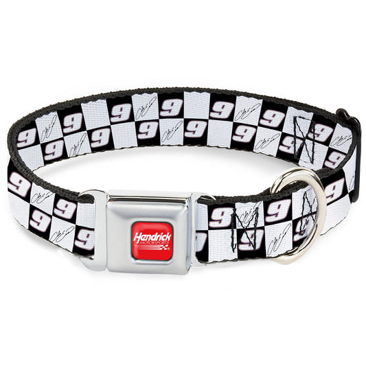 HENDRICK MOTORSPORTS Checker Logo Full Color Red/White Seatbelt Buckle Collar - Chase Elliott Autograph and #9 Checker Logo Black/White/Blue