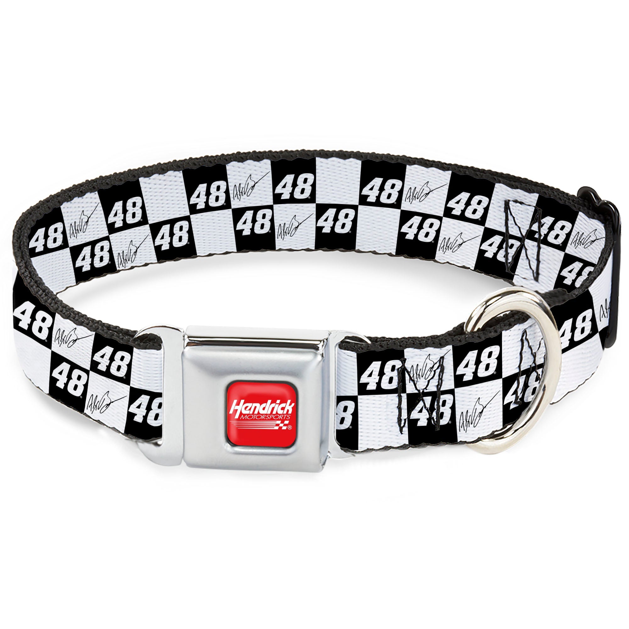 HENDRICK MOTORSPORTS Checker Logo Full Color Red/White Seatbelt Buckle Collar - Alex Bowman Autograph and #48 Checker Logo Black/White