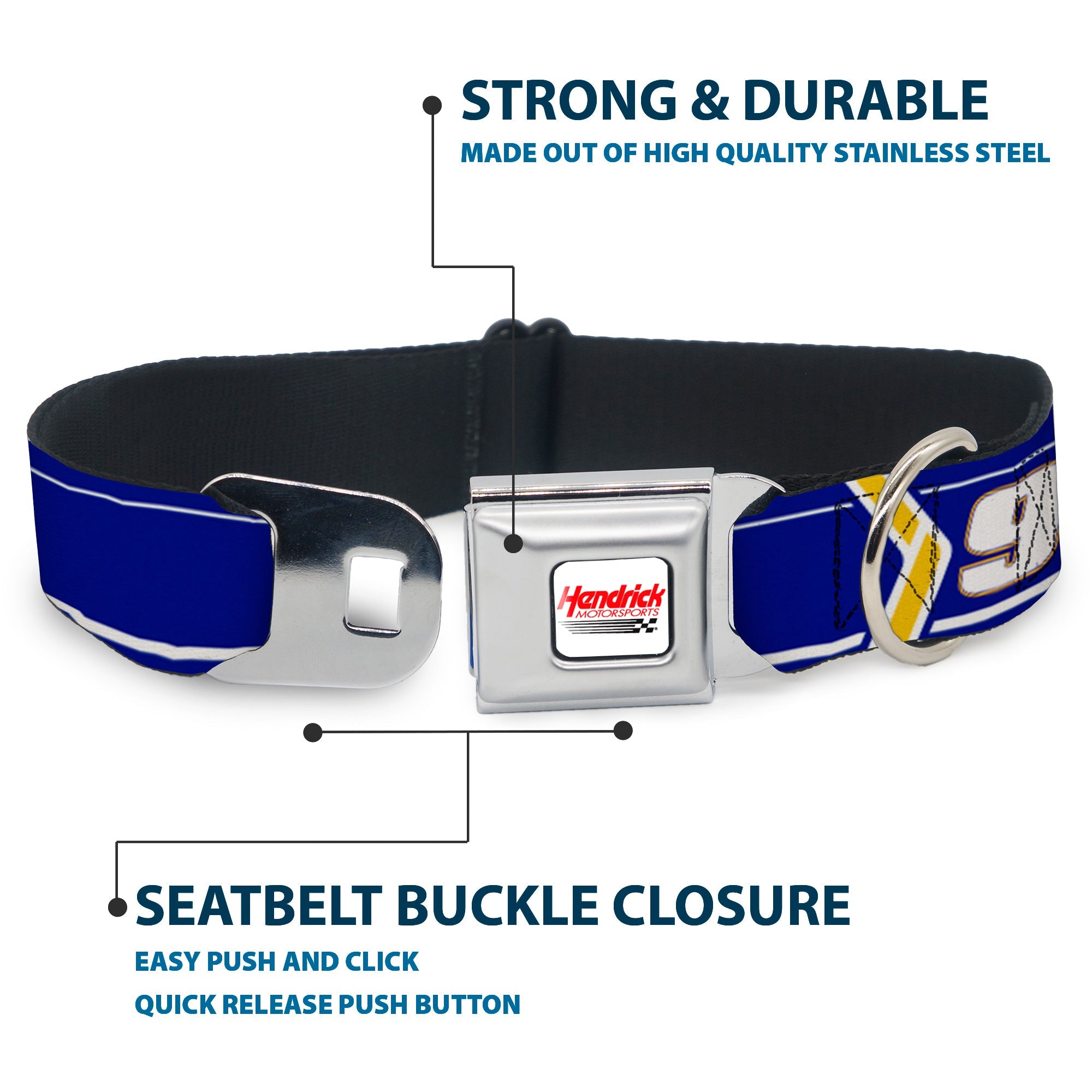 HENDRICK MOTORSPORTS Checker Logo Full Color Red/White Seatbelt Buckle Collar - Chase Elliott #9 Car Scheme Blue/Yellow/White