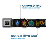 Harry Potter Logo Full Color Black/White Seatbelt Buckle Collar - HARRY POTTER Hufflepuff/Ravenclaw/Gryffindor/Slytherin Coat of Arms Black