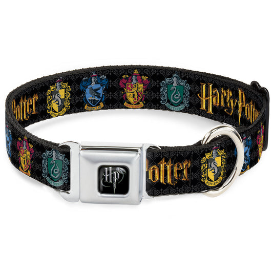 Harry Potter Logo Full Color Black/White Seatbelt Buckle Collar - HARRY POTTER Hufflepuff/Ravenclaw/Gryffindor/Slytherin Coat of Arms Black