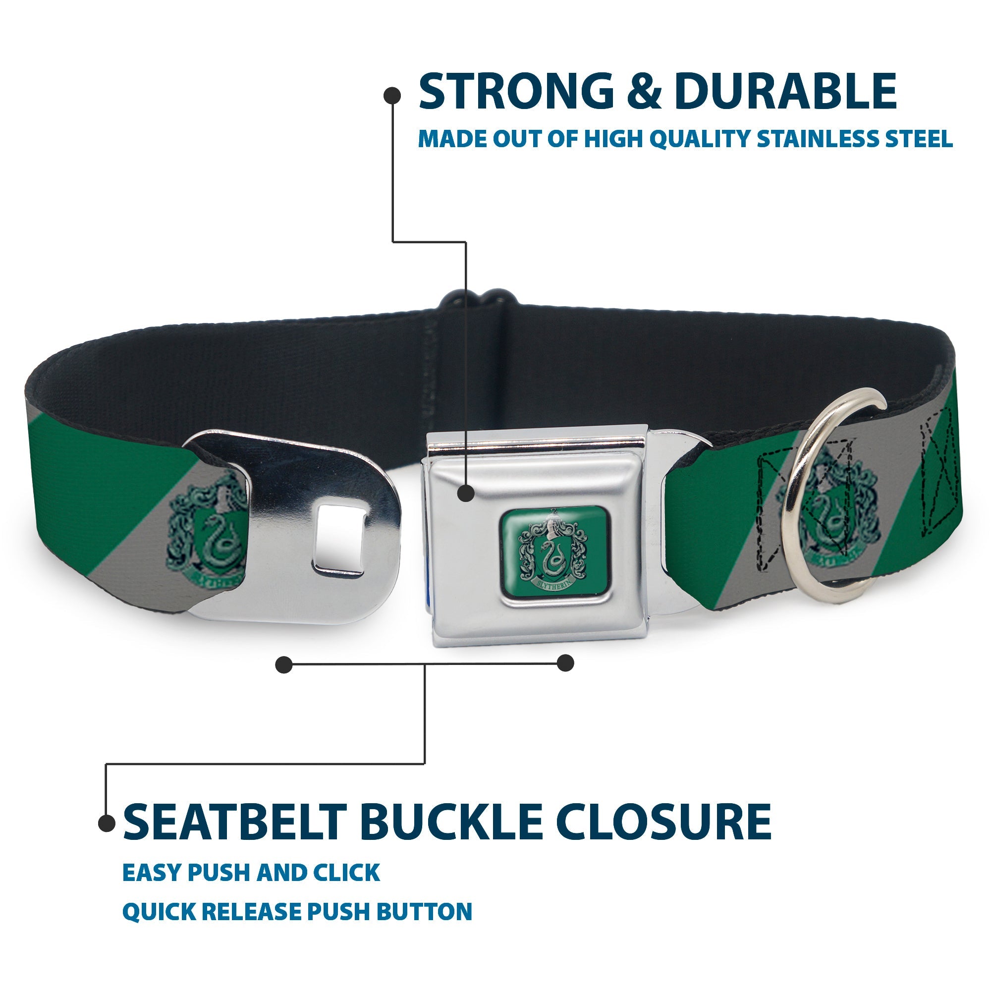 SLYTHERIN Crest Full Color Green Seatbelt Buckle Collar - SLYTHERIN Crest Diagonal Stripe Gray/Green