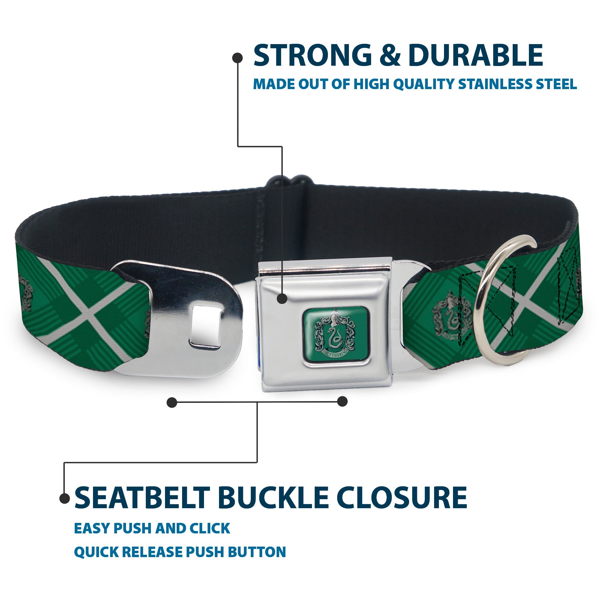 SLYTHERIN Crest Full Color Green Seatbelt Buckle Collar - Harry Potter Slytherin Crest Plaid Greens/Gray