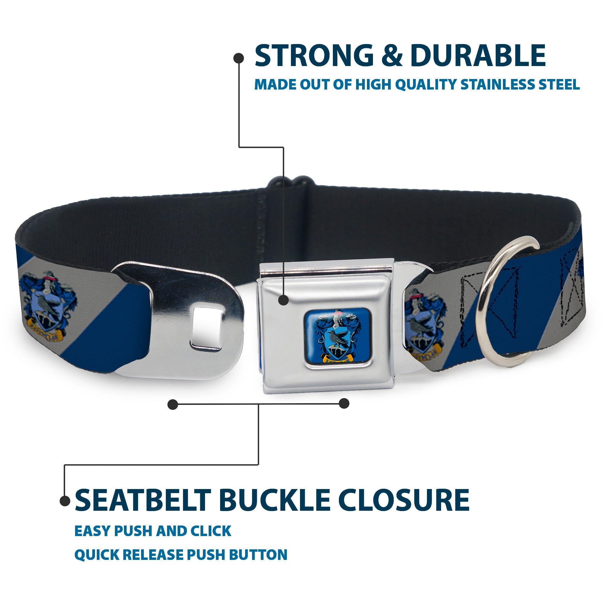 RAVENCLAW Crest Full Color Blue Seatbelt Buckle Collar - RAVENCLAW Crest Diagonal Stripe Gray/Blue