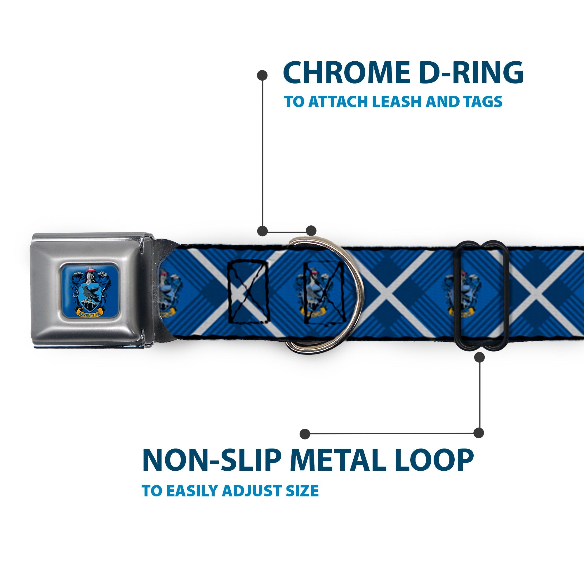 RAVENCLAW Crest Full Color Blue Seatbelt Buckle Collar - Harry Potter Ravenclaw Crest Plaid Blues/Gray